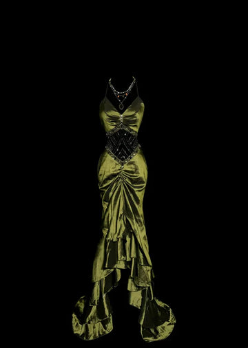Vintage Mermaid Halter Olive Green 1950s Retro Classy Satin Long Prom Dresses Party Dress 21st Birthday Outfits Graduation Dresses HZ1023